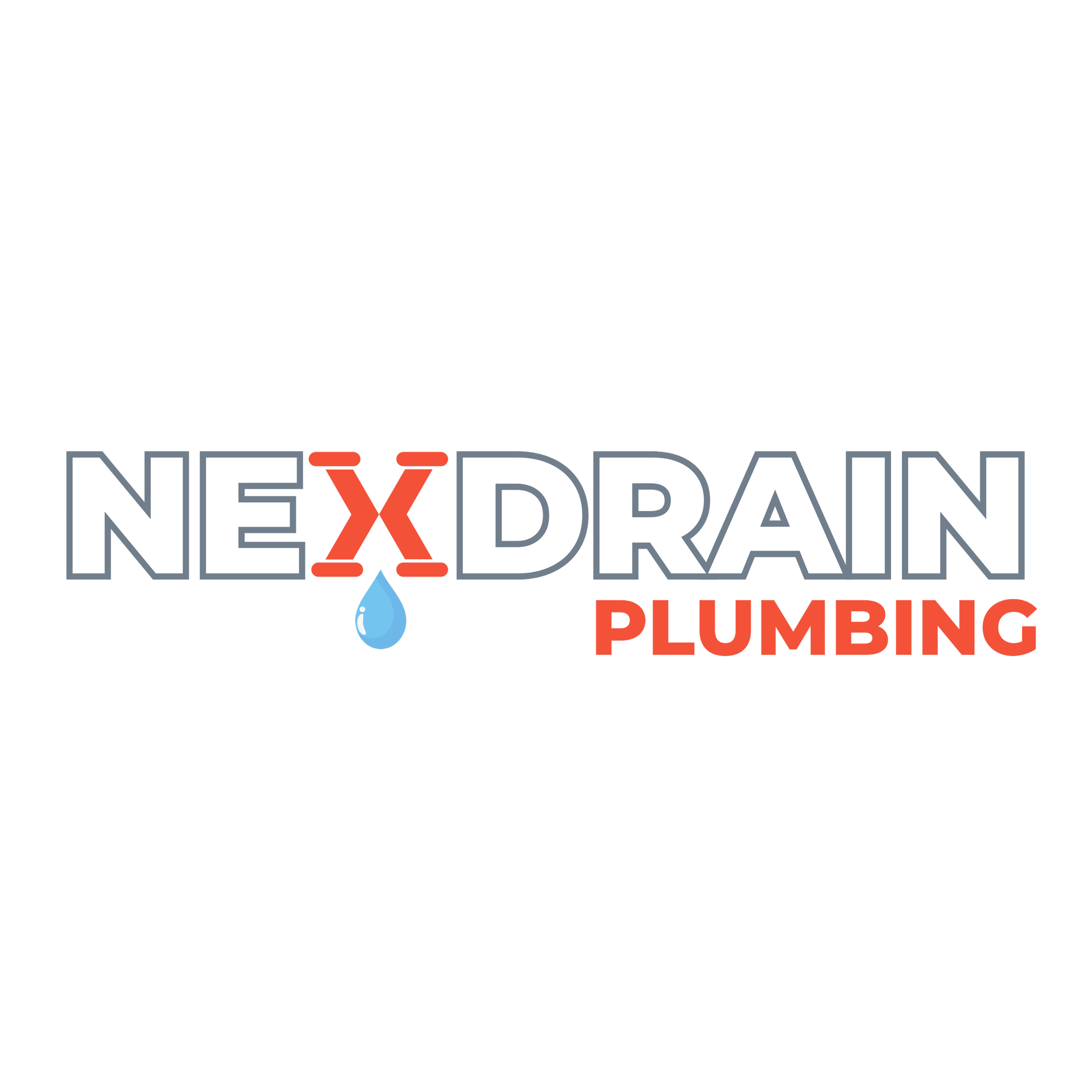 A logo for NetXDran Plumbing with text in bold white and orange letters with a water drop illustration.
