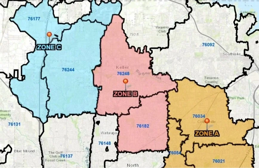 Map showing various zones labeled A, B, and C with color coding—Zone A in yellow, Zone B in red, and Zone C in blue, including postal codes and a few landmarks.
