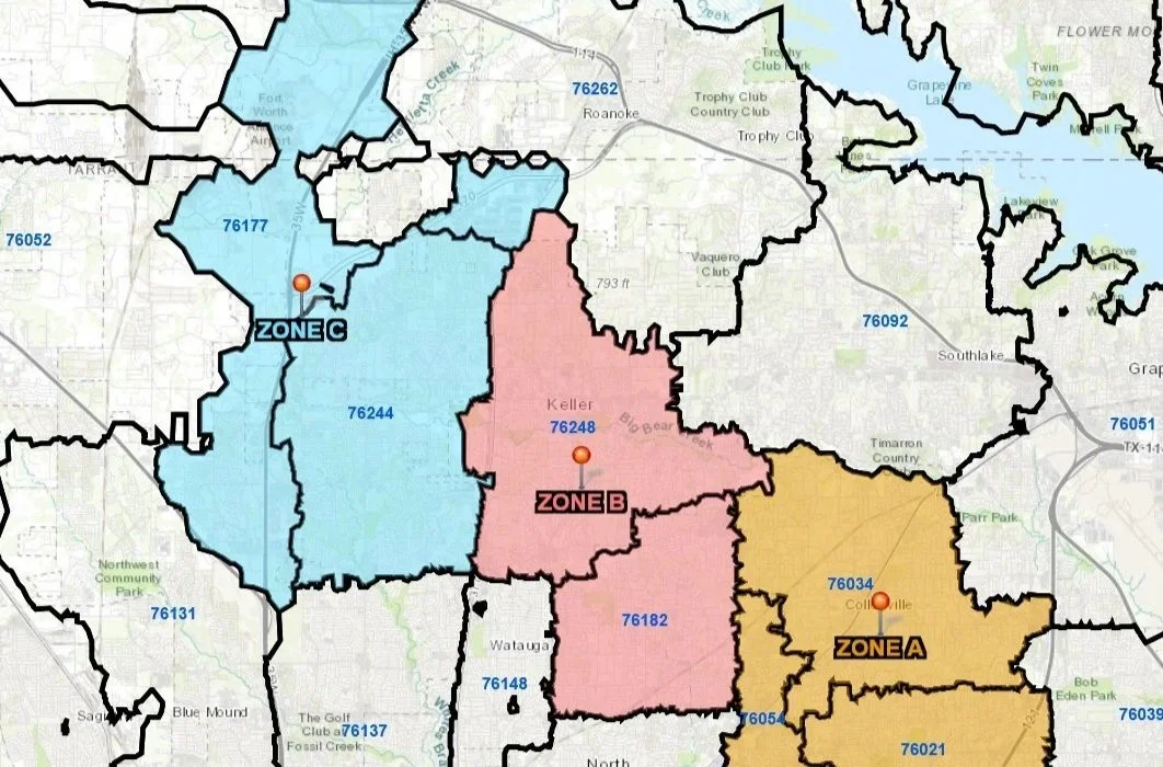 Map showing three colored zones labeled Zone A in yellow, Zone B in pink, and Zone C in blue, with points marking Keller in Zone B and other locations, including nearby zip codes.