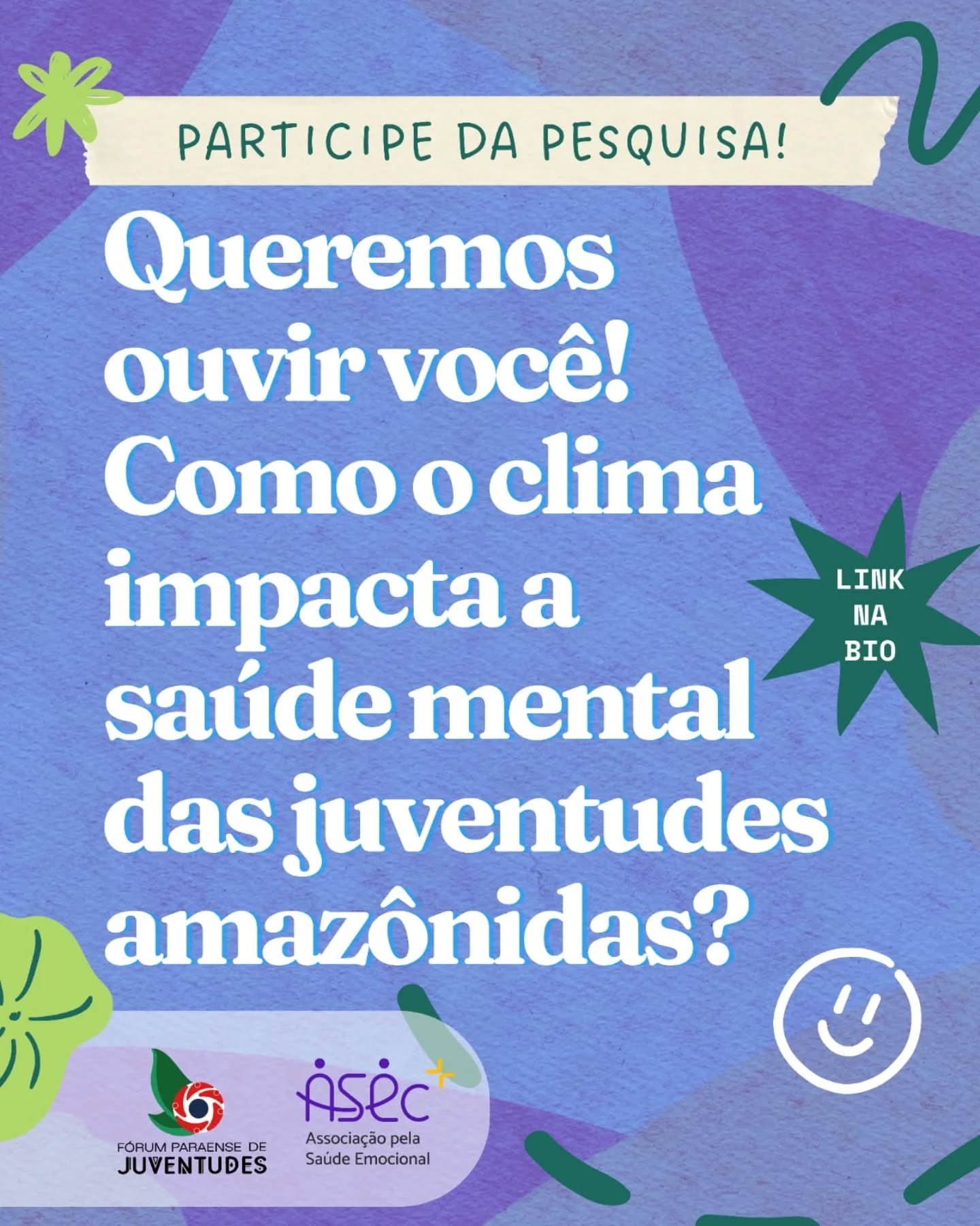 Como a crise clim&aacute;tica afeta a sua sa&uacute;de mental? 🌿🧠

​Estamos convocando as juventudes amaz&ocirc;nidas para uma conversa urgente. O F&oacute;rum Paraense de Juventudes (FPJ), junto com a ASEc+ e o Ecossistema Vertentes, quer ouvir vo