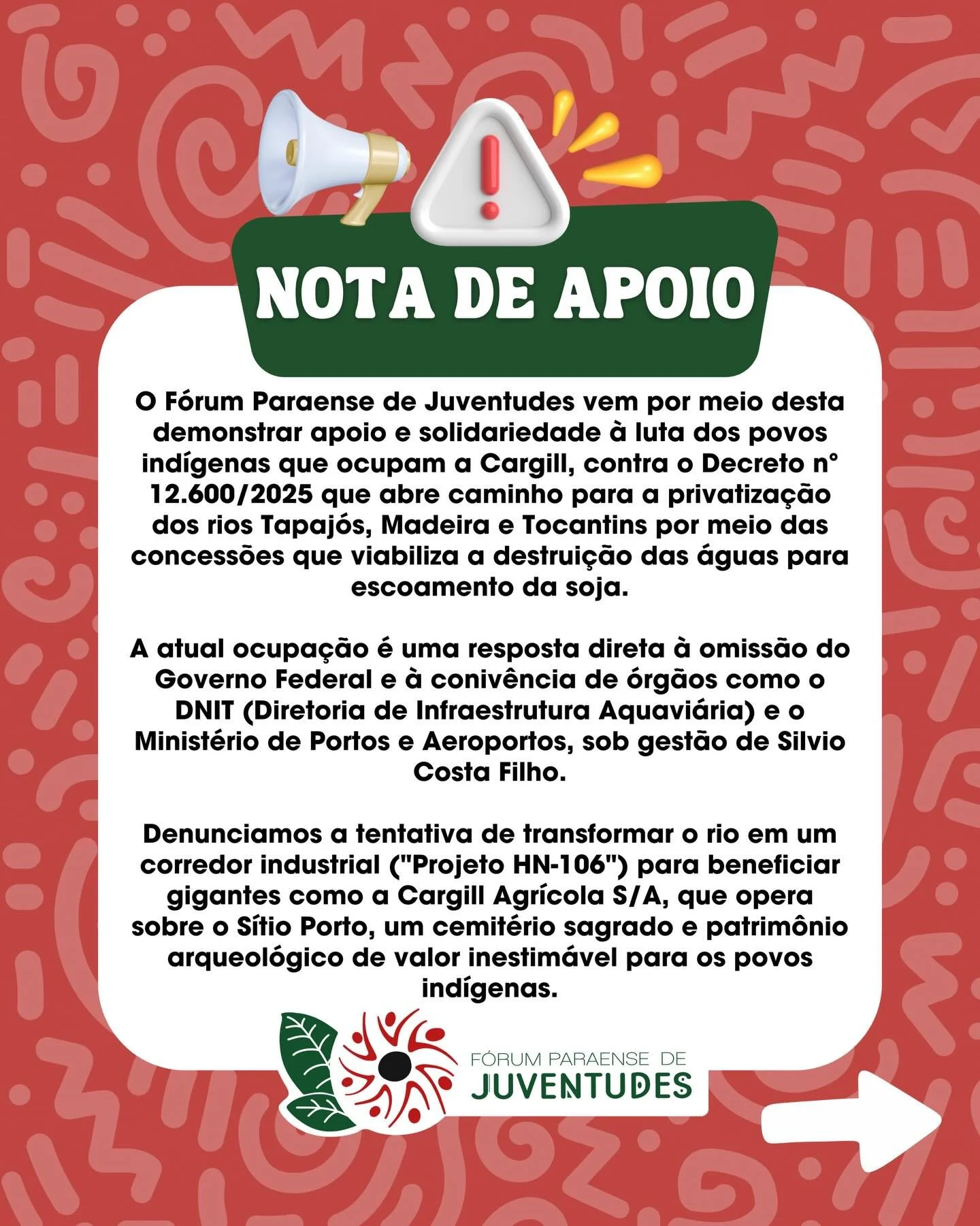 🛑 O TAPAJ&Oacute;S N&Atilde;O &Eacute; MERCADORIA! 🏹

Os povos ind&iacute;genas do Baixo e M&eacute;dio Tapaj&oacute;s deram um basta! Desde o dia 22 de janeiro, o porto da Cargill em Santar&eacute;m est&aacute; ocupado por quem realmente cuida da 