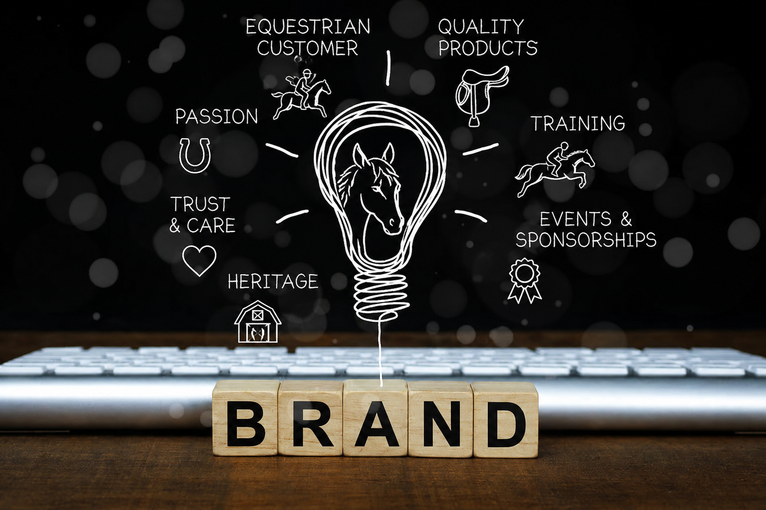 Illustration of a lightbulb with a horse inside, surrounded by words and icons representing an equestrian brand such as equestrian customer, quality products, training, events, sponsorships, heritage, trust and care, and passion, with categorized icons like a horse and rider, a saddle, and a ribbon, with wooden letter blocks spelling 'BRAND' in front.