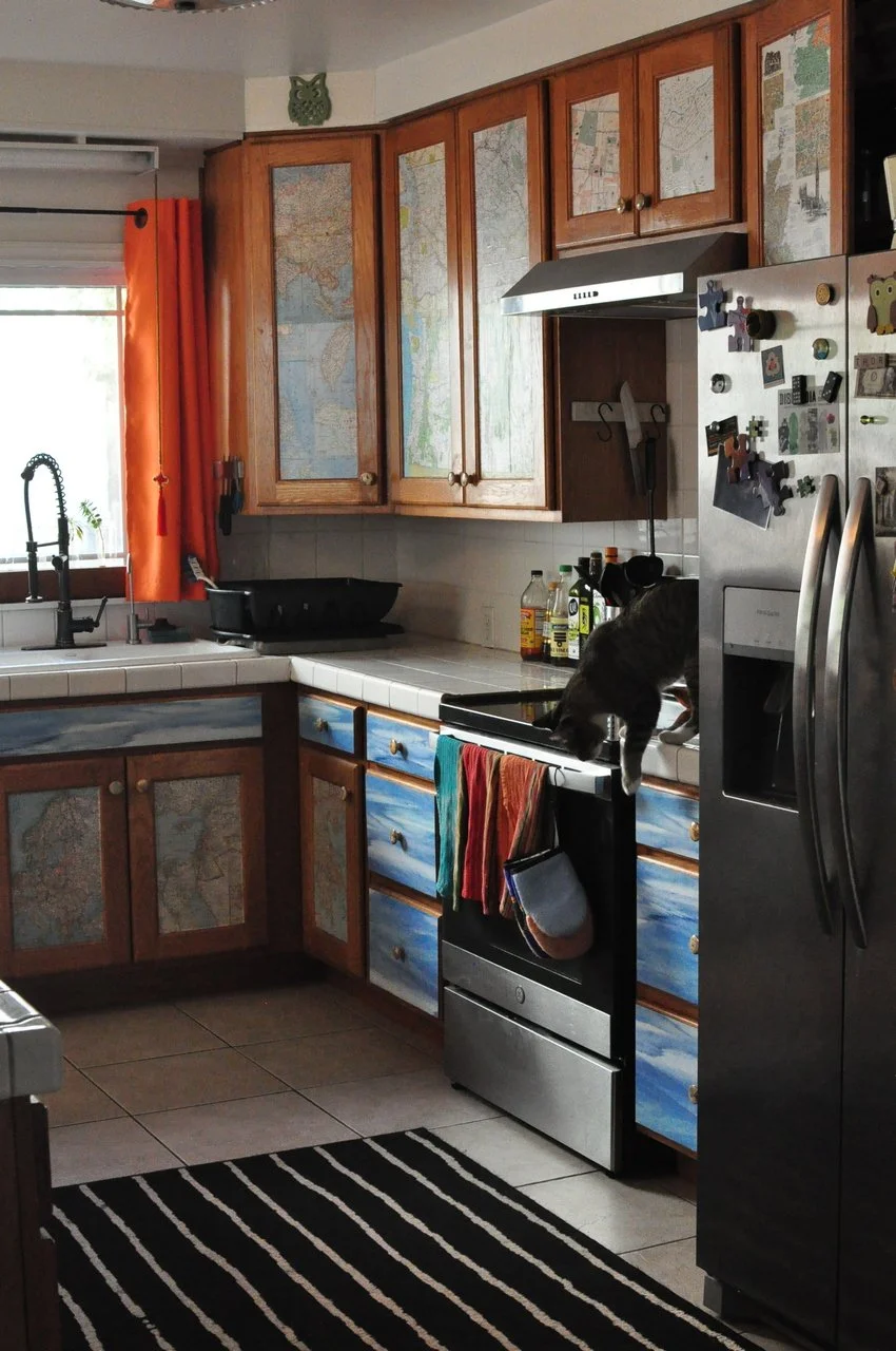 Kitchen with custom map art on cabinets