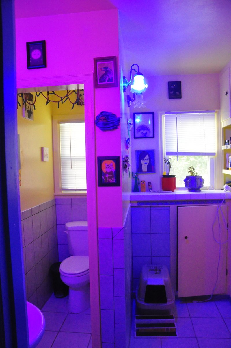 Pink and blue lit room with art on wall