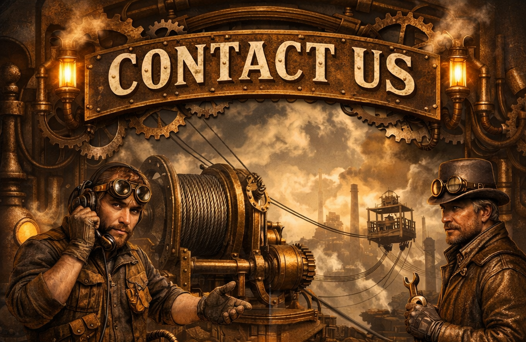 Two steampunk-style men in goggles and leather clothing, surrounded by industrial machinery, wires, and pipes, with a 'Contact Us' sign above them.