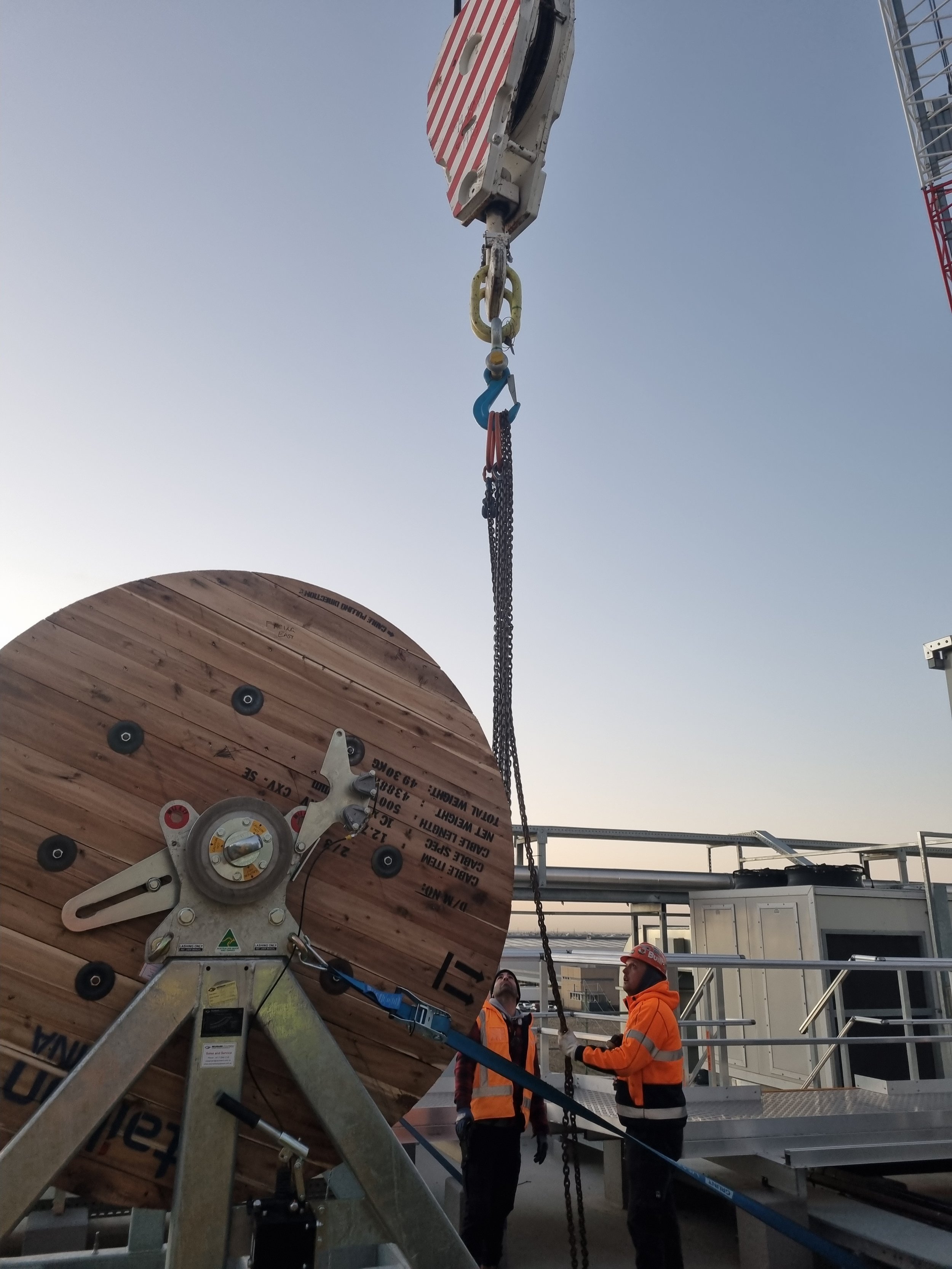 8t cable drum on an A-Frame stand on a roof