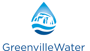 Greenville Water logo featuring a blue water droplet with a waterfall inside, and the text 'Greenville Water' below.