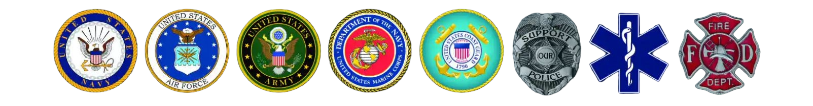 Row of emblems representing various U.S. government agencies and services, including Navy, Air Force, Army, Marine Corps, Coast Guard, Police, ambulance, and Fire Department.