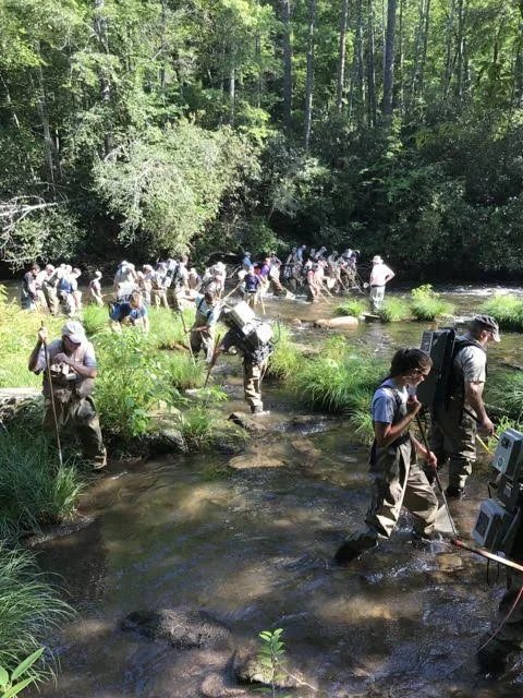 A group of people crossing a shallow creek in a wooded area.
