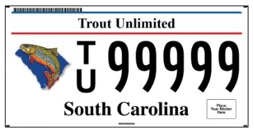 South Carolina license plate with trout design and the words "Trout Unlimited".