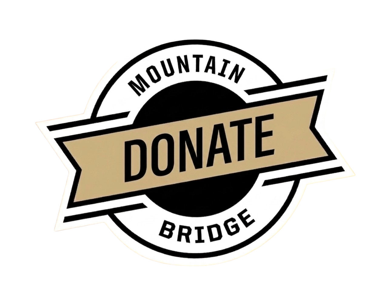 Logo for Mountain Bridge with a black circle, gold banner saying 'Donate', and the words 'Mountain' and 'Bridge' around the circle.