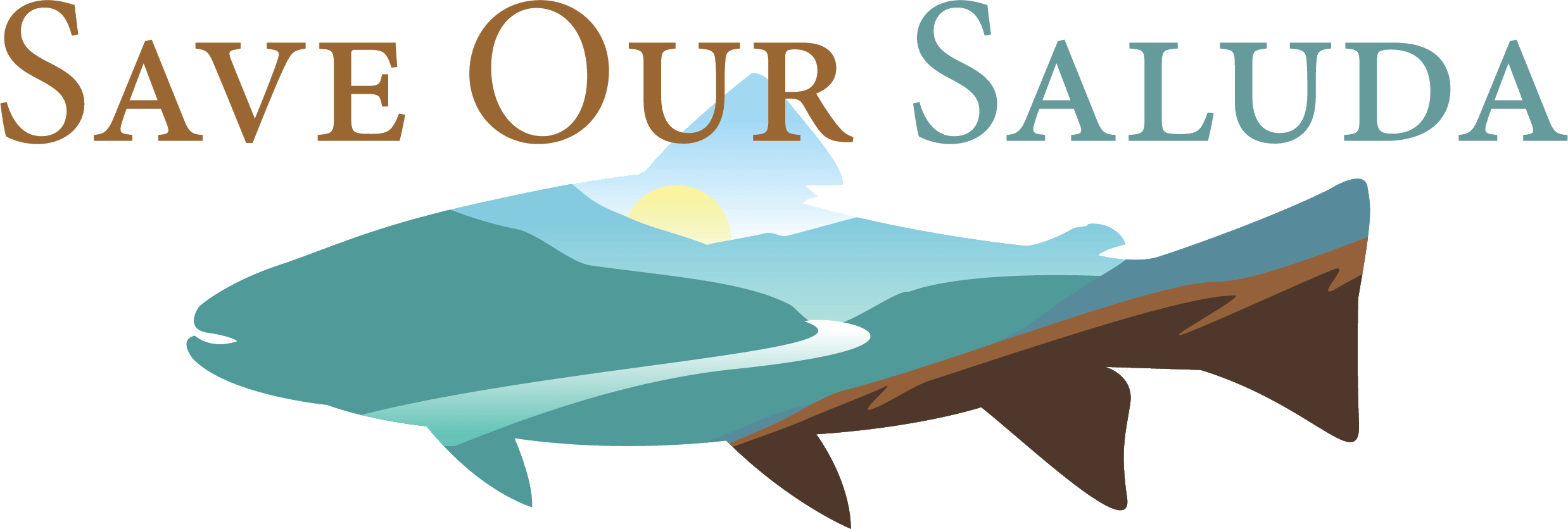 An illustration of a fish with mountains, a river, and a sunrise in the background, with the text "Save Our Saluda" above it.