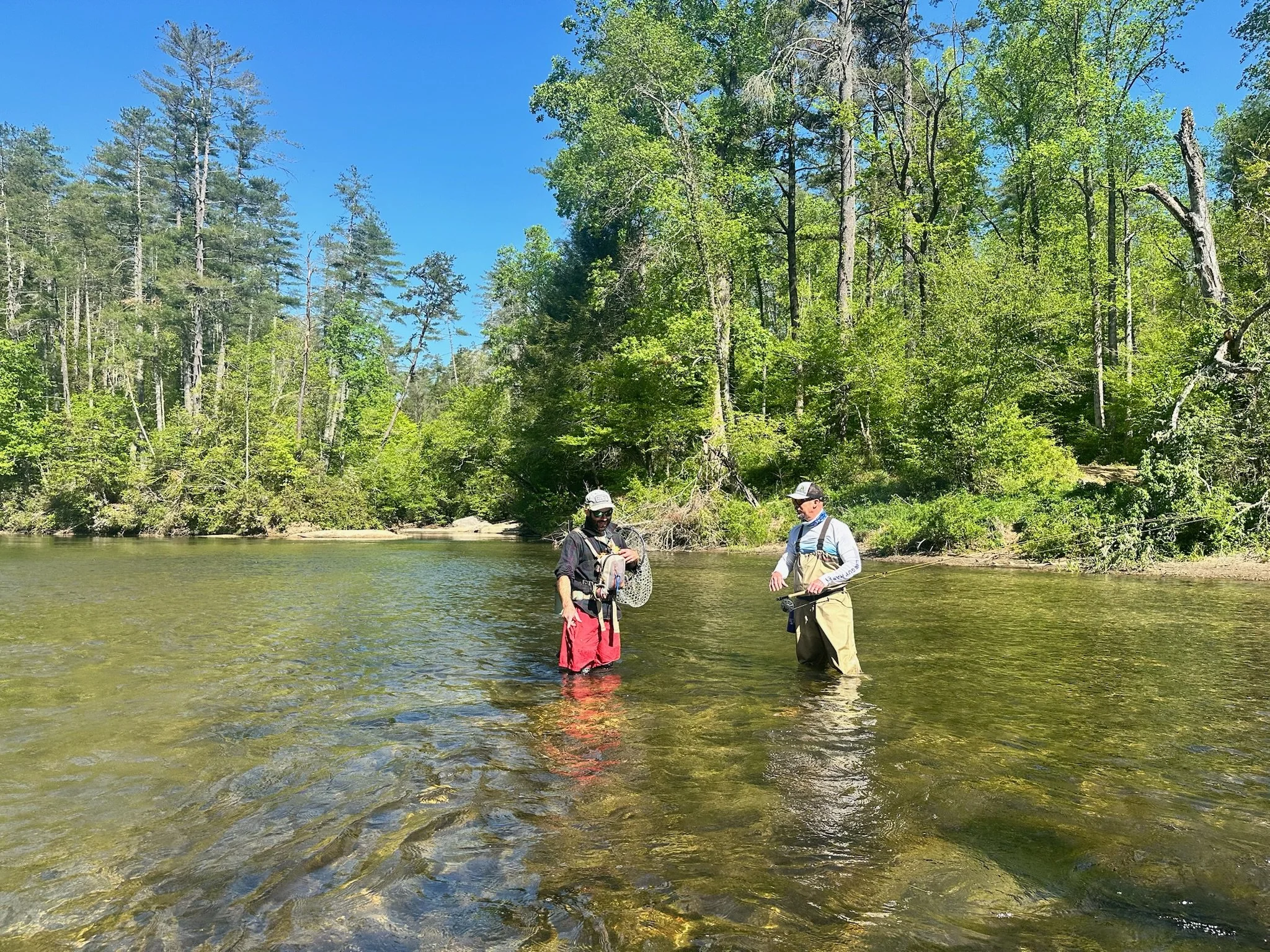Two people are standing waist-deep in a river with rocks, surrounded by a dense green forest under a clear blue sky.