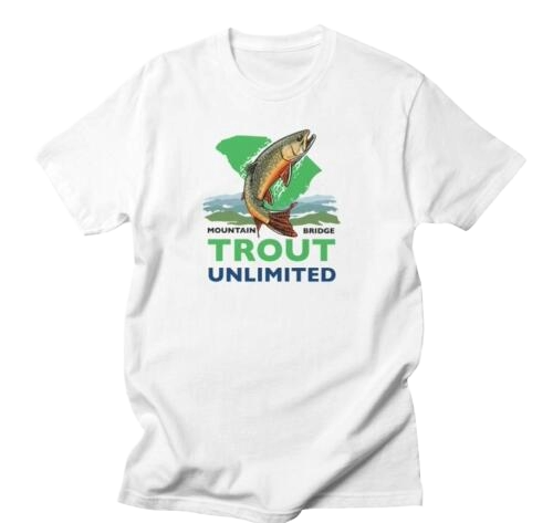 White T-shirt featuring a graphic of a trout jumping out of water, with a green shape in the background, and text that reads 'Mountain Bridge Trout Unlimited'.