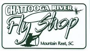 Logo for Chattooga River Fly Shop in Mountain Rest, South Carolina, featuring text and a fishing rod graphic.