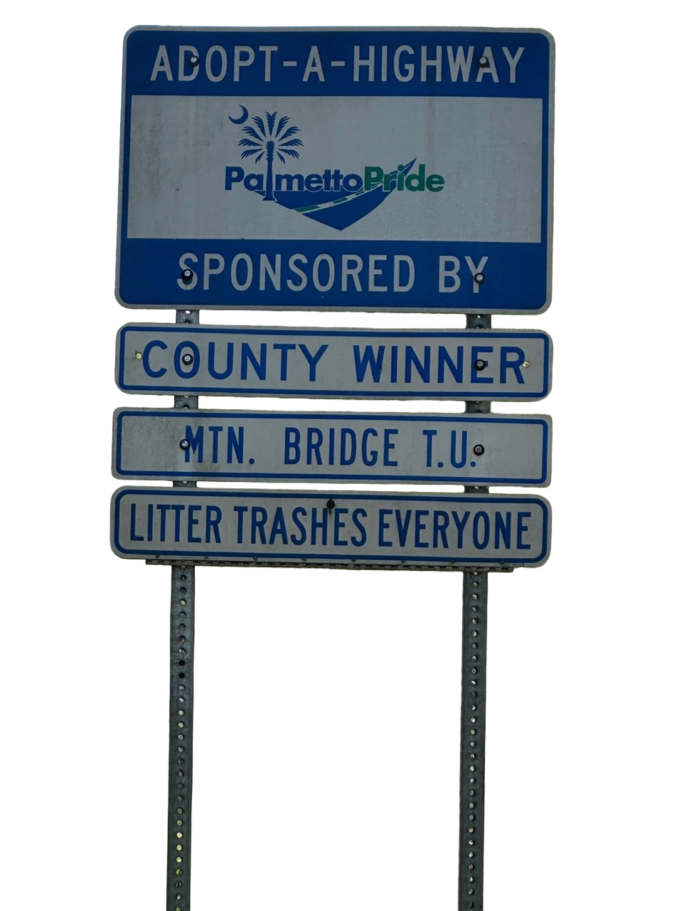 Blue highway sign with white text promoting Palmello Pride adopt-a-highway program, sponsored by County Winner near Mountain Bridge T.U., with a note to dispose of litter properly.
