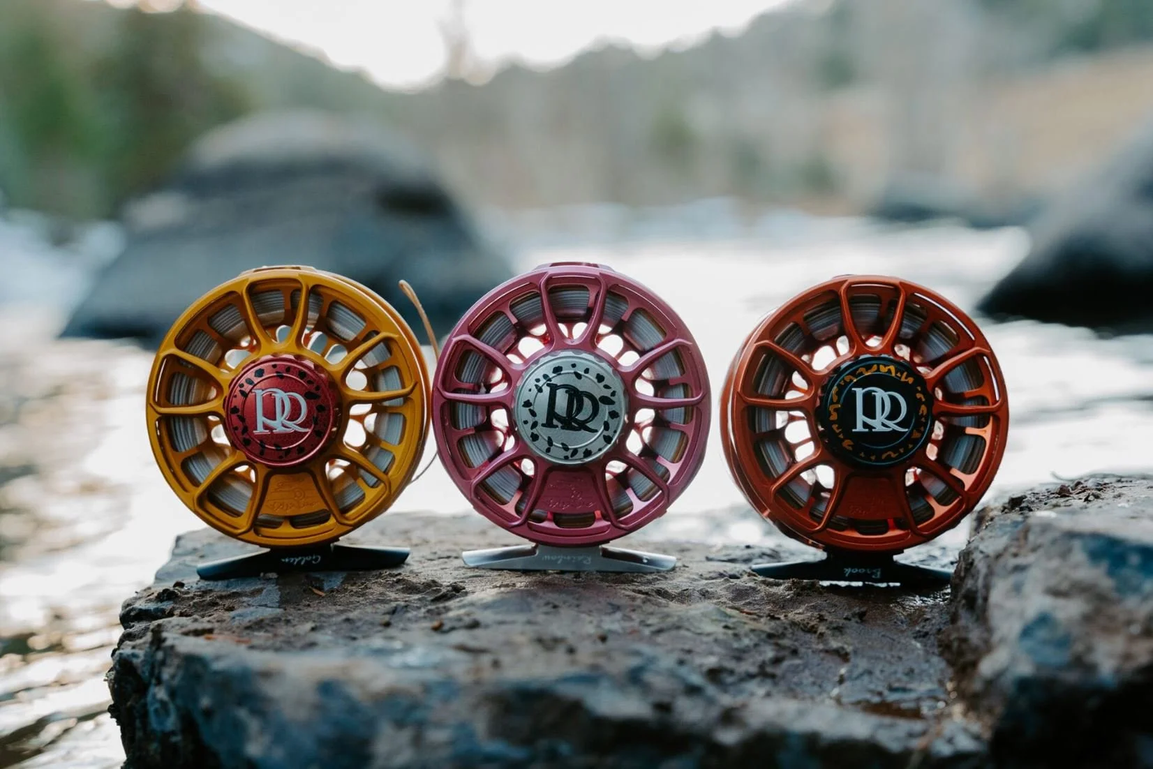 Three colorful fly fishing reels placed on a rock beside a river, with rocks and water in the background.