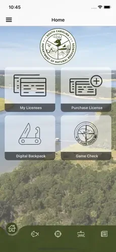 Mobile app home screen with a logo at the top, four icons labeled 'My Licenses,' 'Purchase License,' 'Digital Backpack,' and 'Game Check,' set against a background of a landscape with trees and a cloudy sky.