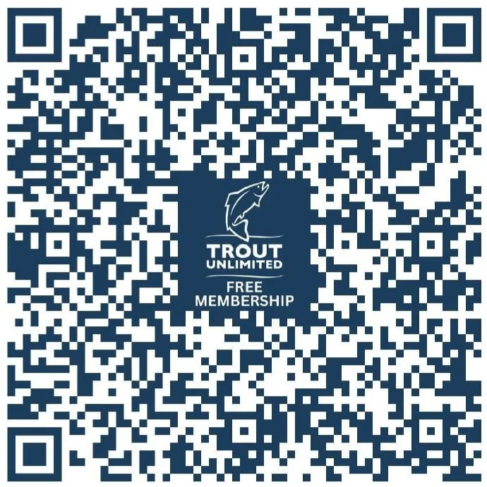 A QR code with a logo in the center featuring a fish and the text 'Trout Unlimited Free Membership'.