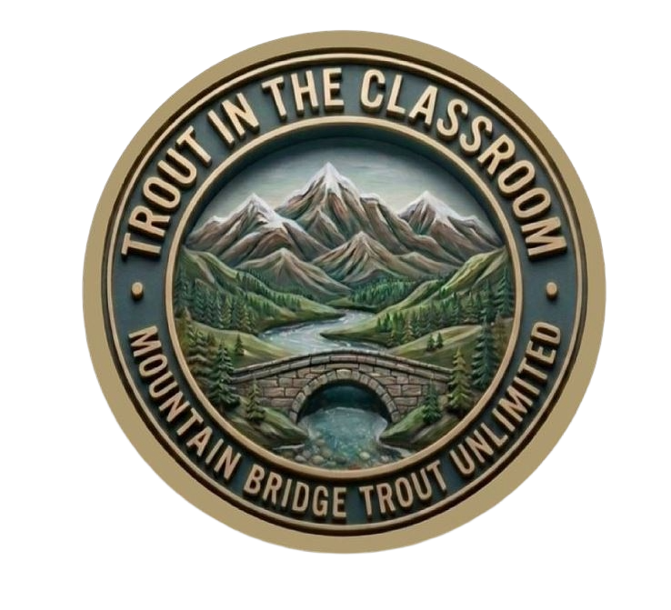 A circular emblem with a mountain landscape, a river, and a bridge, surrounded by the text "Trout in the Classroom" and "Mountain Bridge Trout Unlimited."