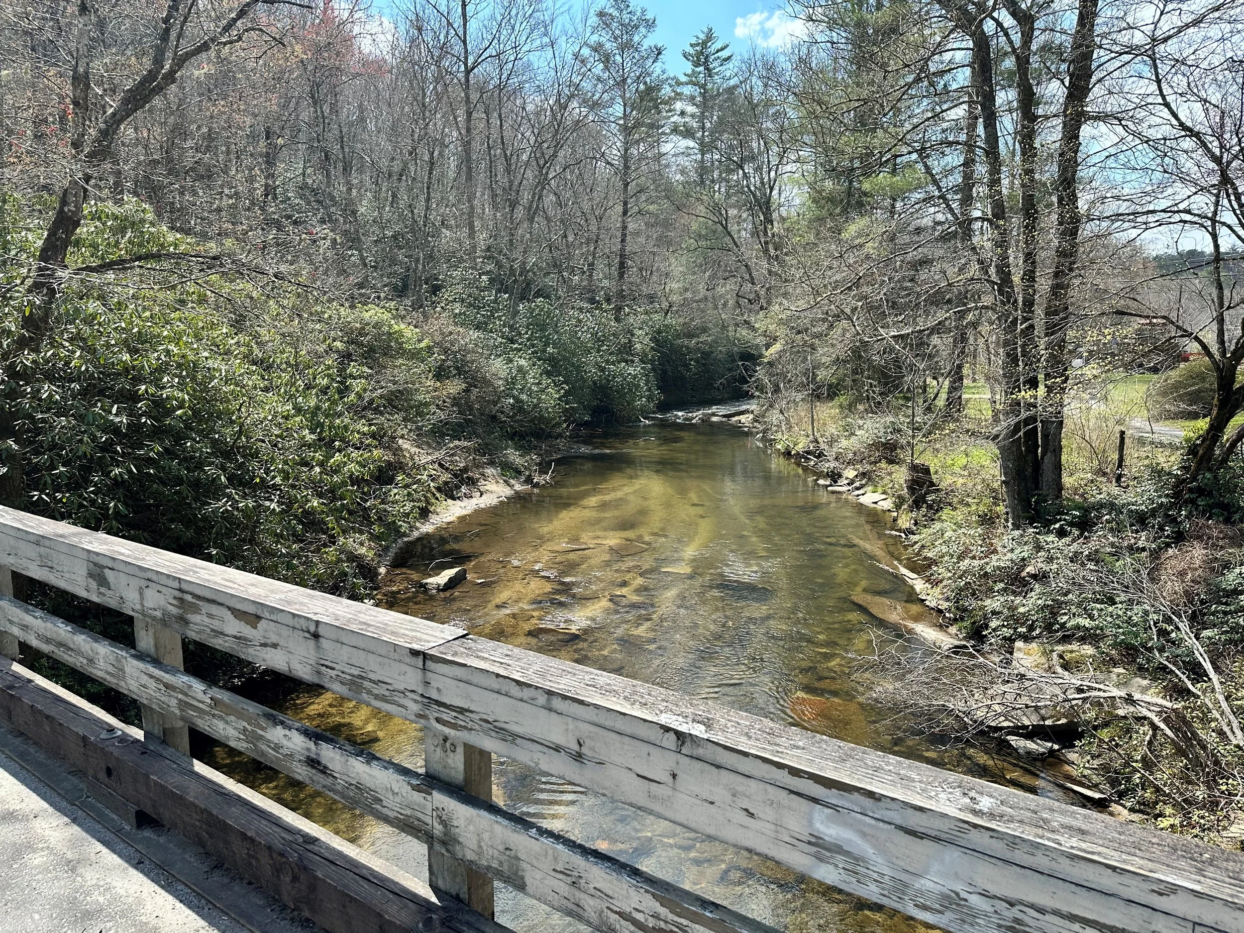 A small river flowing through a wooded area with partially leafless trees on either side and a wooden railing in the foreground.
