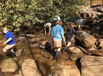 Kids wading through a shallow creek surrounded by rocks and trees.