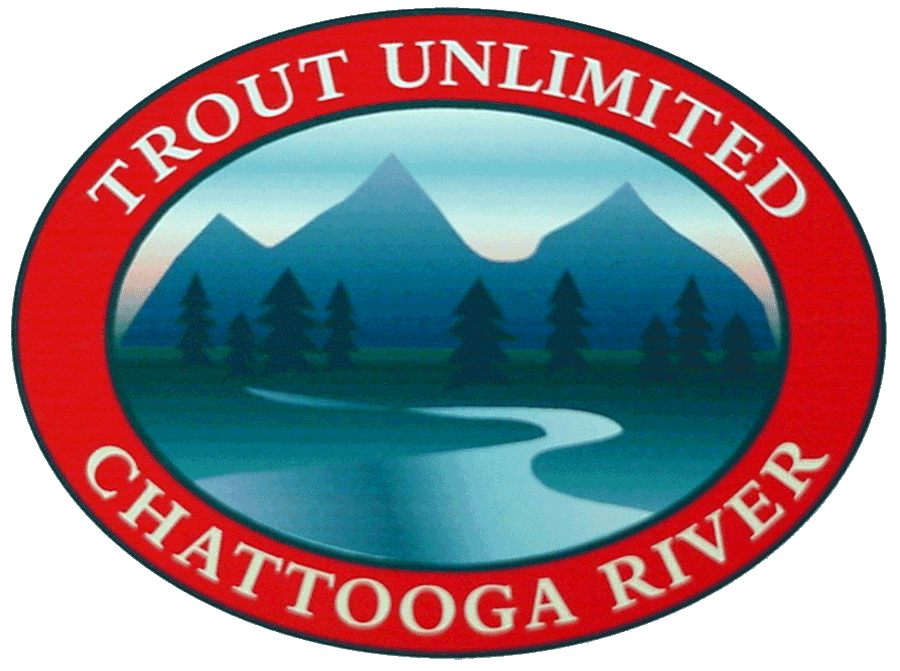 Logo of the Chattahooga River with mountains and trees, surrounded by a red circle with white text reading 'Trout Unlimited Chattahooga River'.
