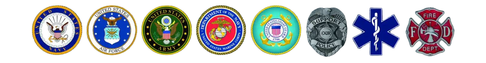 A row of logos representing various U.S. military and emergency services, including Navy, Air Force, Army, Marine Corps, Coast Guard, Police Support, Emergency Medical, Fire Department.