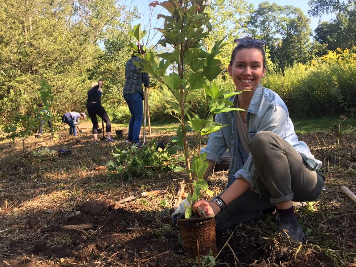 A young woman is planting a small tree in the ground, smiling at the camera, while other people work in the background on planting more trees in a green outdoor area.