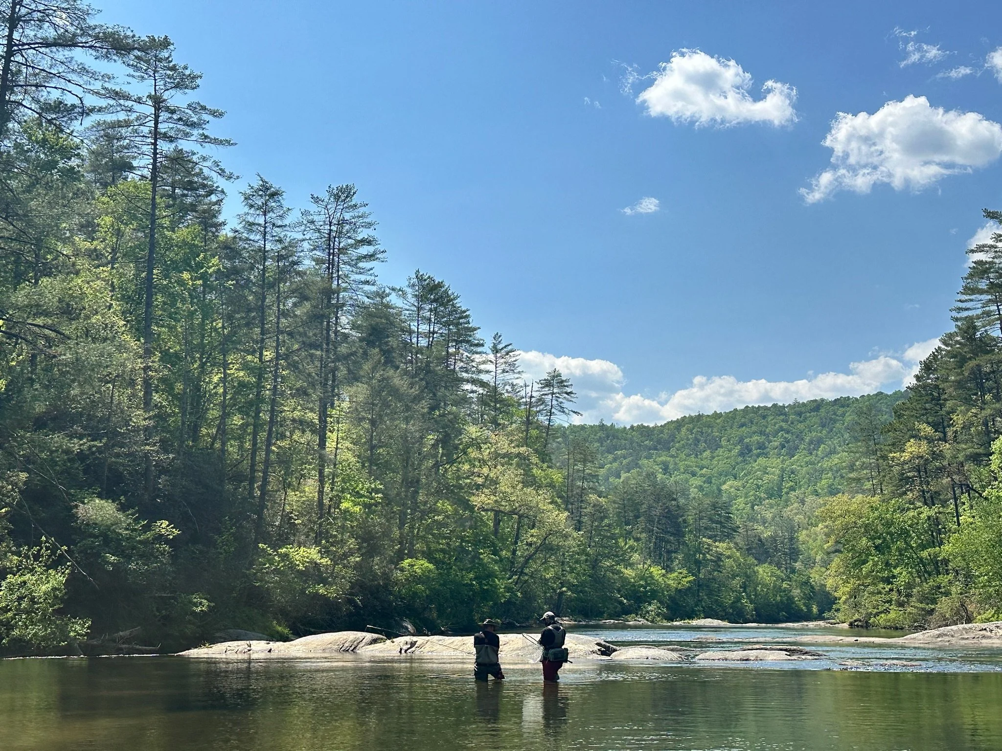 Two people standing in a river, surrounded by lush green trees and a forested hillside under a partly cloudy sky.