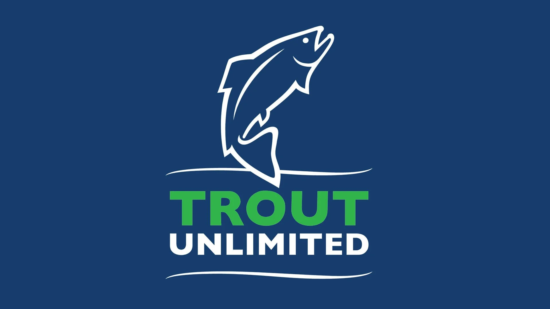 Logo with a white outline of a jumping fish above the words 'Trout Unlimited' in green and white text on a blue background.