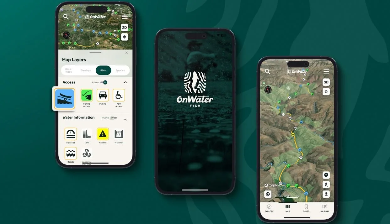 Three smartphones displaying the OnWater Fish app. The middle phone shows the app's logo with a fingerprint design and the text "OnWater FISH." The left phone's screen shows water access options and water information layers, while the right phone displays a map with a trail route in a mountainous area.