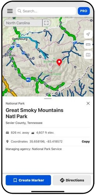 Map view of Great Smoky Mountains National Park in Sevier County, Tennessee, showing roads and trails with a red location marker, map details, and options for creating markers or getting directions.