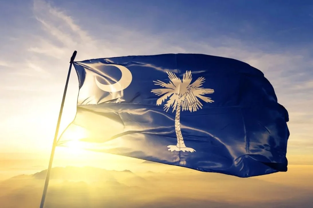 South Carolina state flag waving in the wind at sunset.