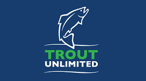 Logo with a stylized outline of a trout fish jumping, the word "TROUT" in green, and "UNLIMITED" in white on a blue background.