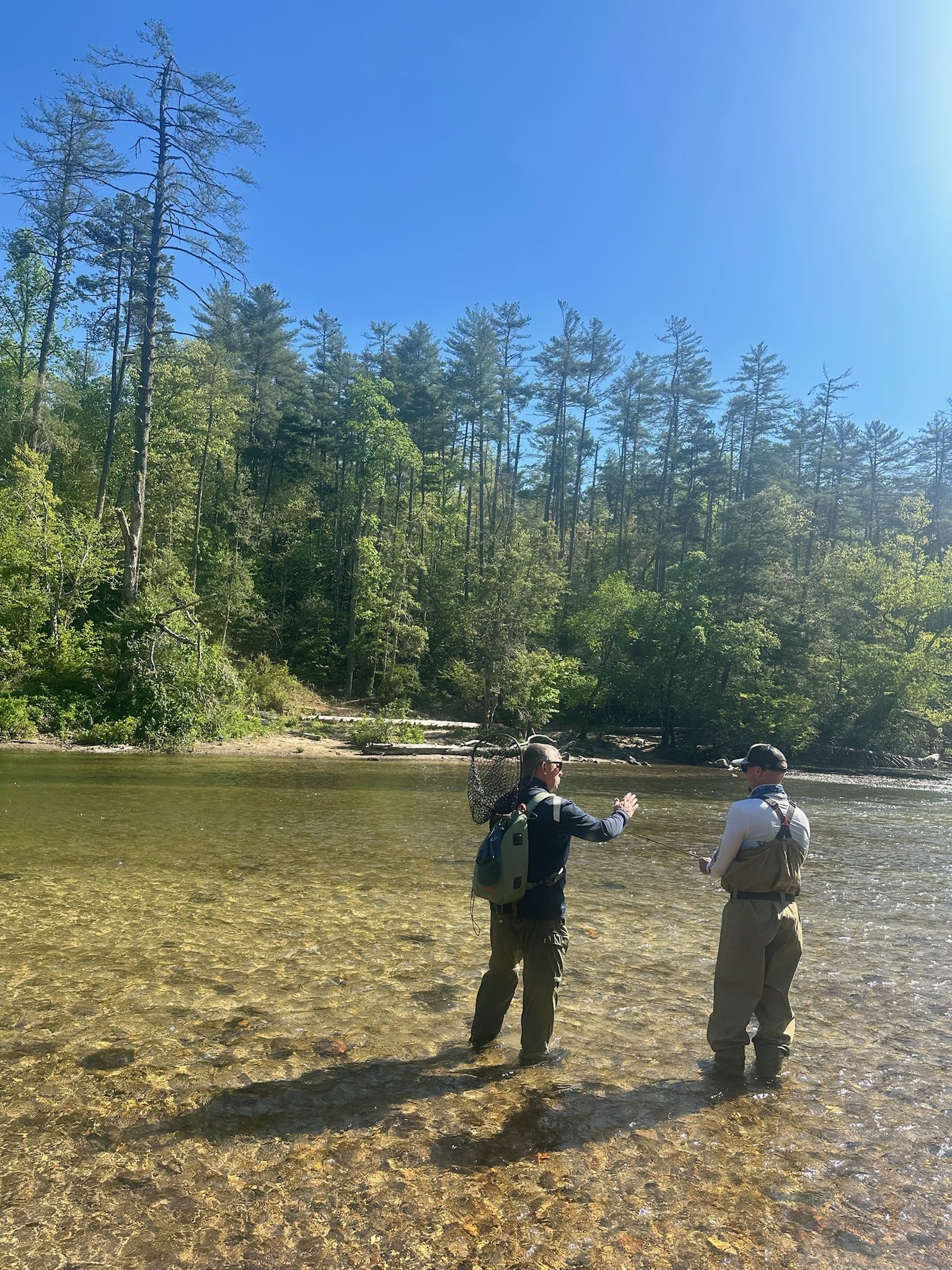 Two men stand in a shallow river, surrounded by a lush, green forest with tall trees and blue sky. One man points while the other listens, both wearing outdoor clothing and backpacks.