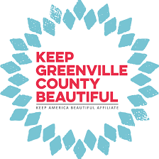 Text reading 'Keep Greenville County Beautiful' surrounded by a circular pattern of blue shapes