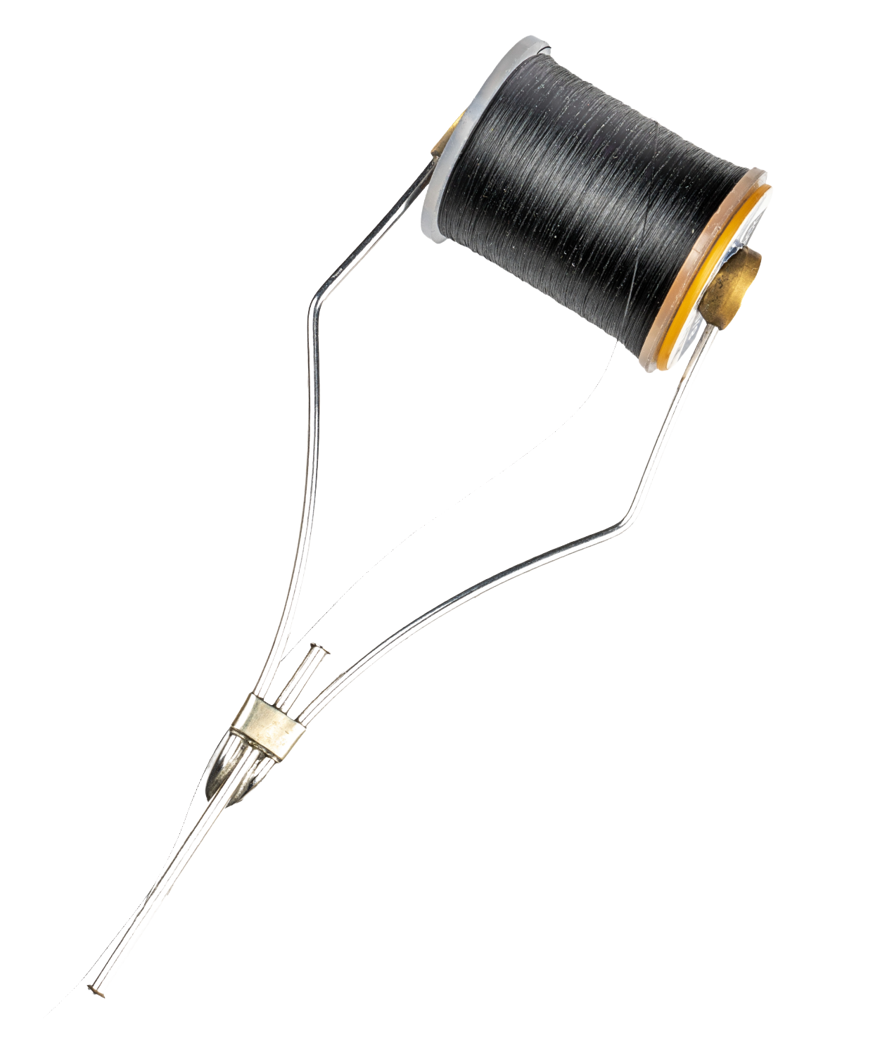 Close-up of a spool of black sewing thread mounted on a sewing machine needle and presser foot.
