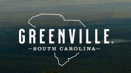 Outline map of South Carolina with the text 'Greenville South Carolina' overlaid.
