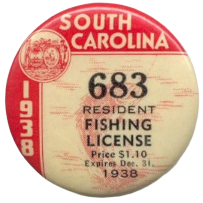 Vintage South Carolina fishing license badge from 1938 with the number 683, priced at $1.10, expiring December 31.