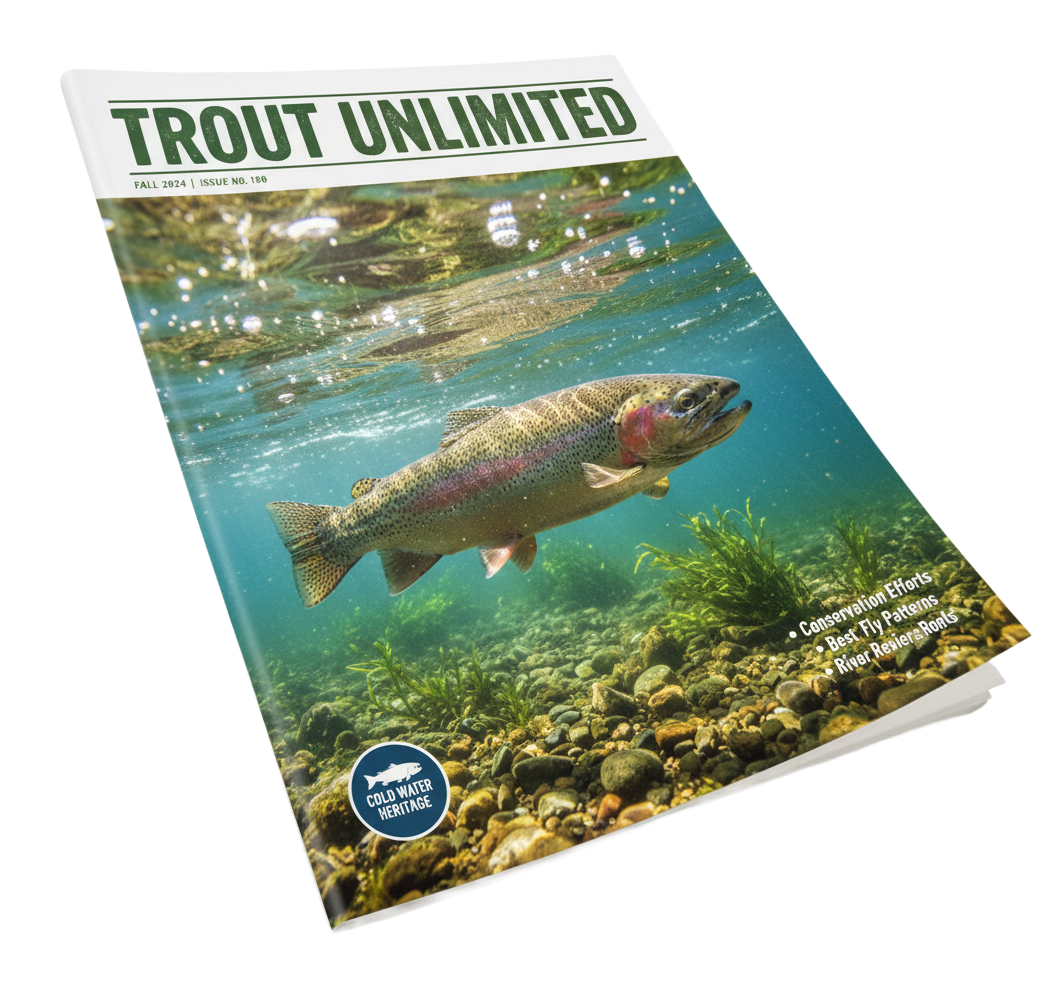 Magazine cover titled "TRout UNLIMITED" featuring a rainbow trout swimming underwater among rocks and aquatic plants.