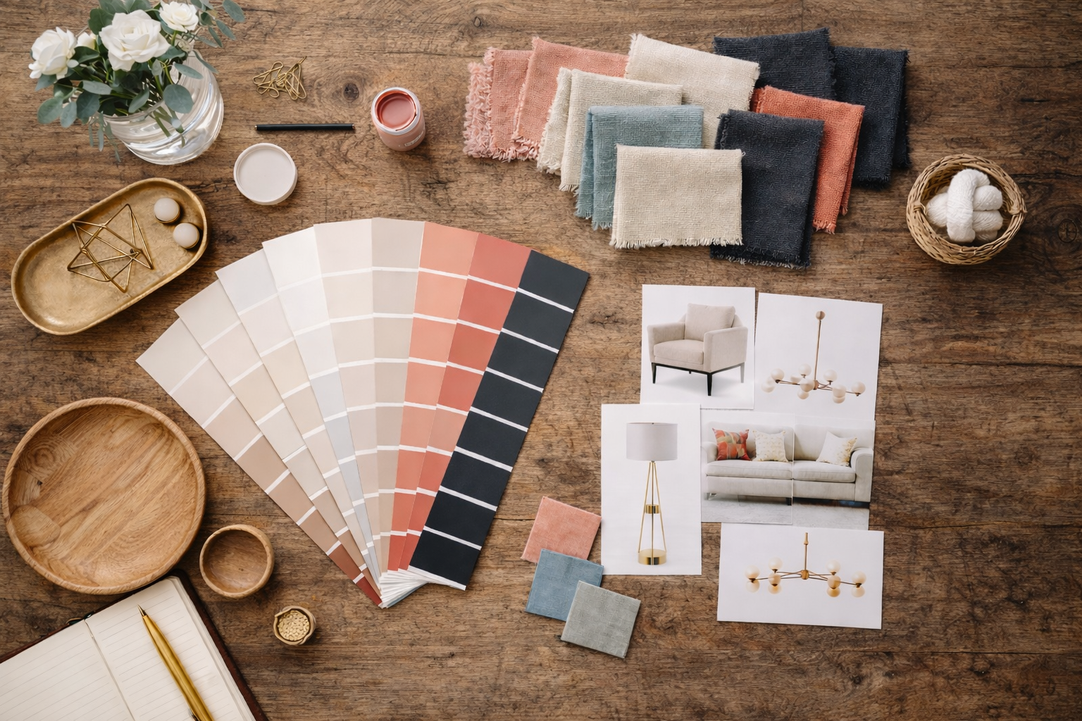 Interior Design Mood Board on table with textiles and images