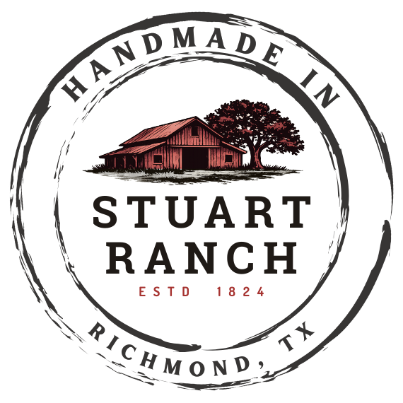 Circular logo for Stuart Ranch in Richmond, Texas, featuring a barn, a large tree, and text indicating it is handmade since 1824.