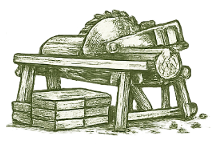 A detailed illustration of a wooden sawmill with a circular saw blade, a log on the table, and a stacked pile of cut wood to represent the tables milled on the ranch.