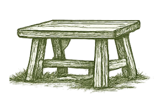A detailed illustration of a weathered wooden table to represent tables that are built to last for generations.
