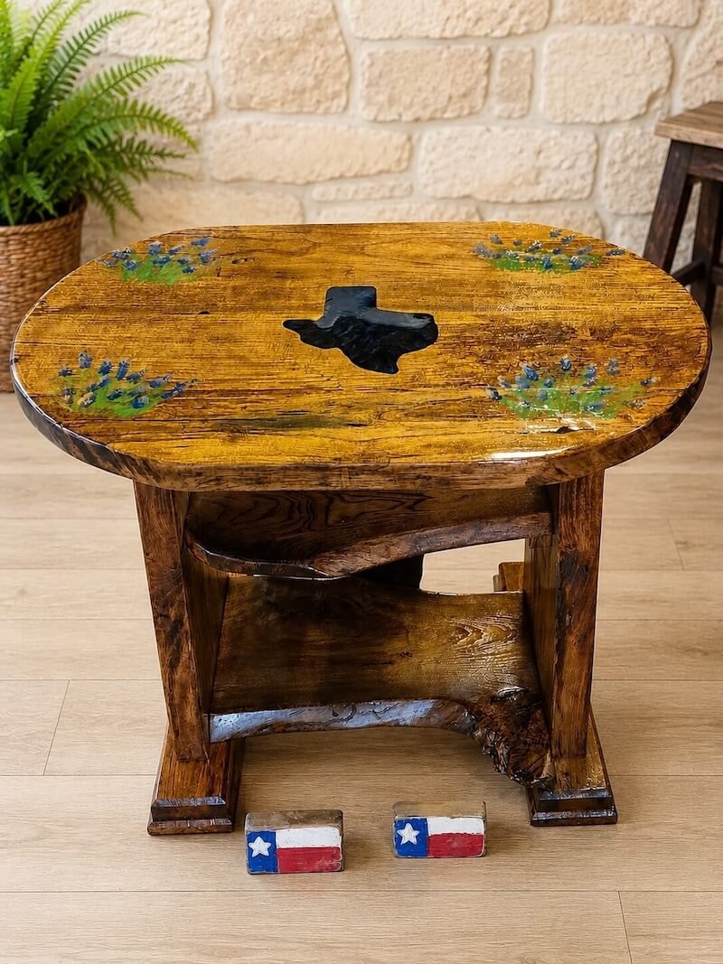 Entryway  Table with Texas in epoxy and hand painted Bluebonnets / 
$575 / 
Made from oak wood /  
30x25x31"