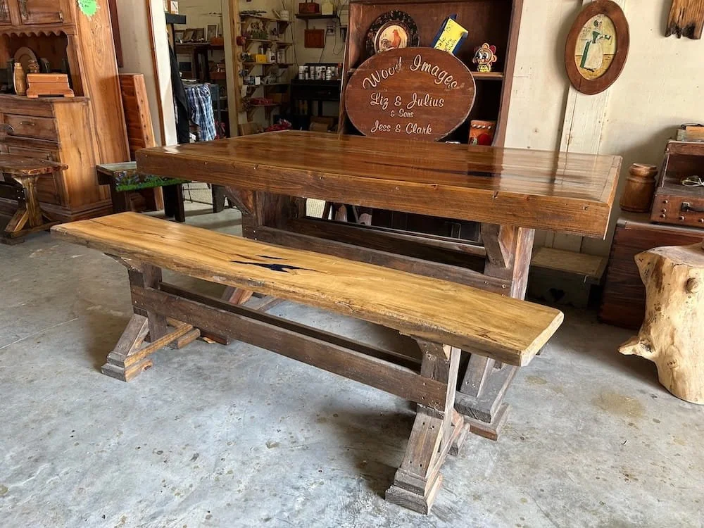 Table with 2 Benches and Blue Epoxy / 
$795 / 
Made from Pecan / 
66x42"