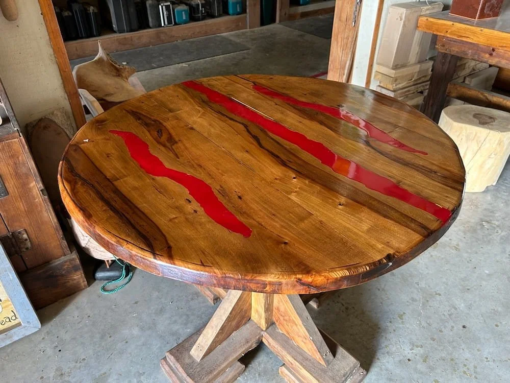 Round Table with Red Epoxy / 
$375 / 
Made from Elm / 
38" diameter