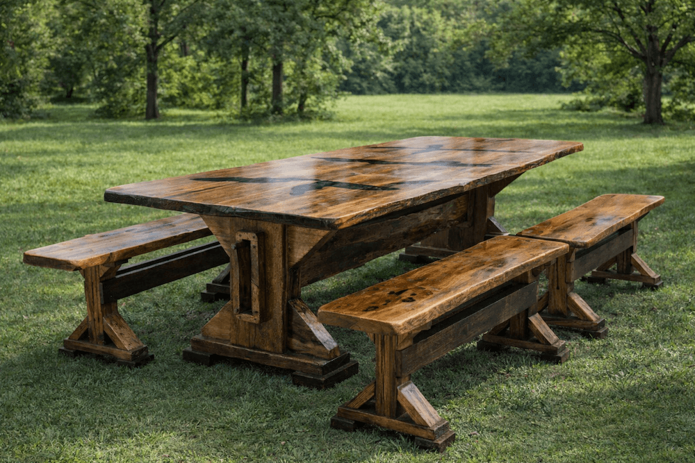 Table with 4 Benches / 
$2250 / 
Made from Elm Wood / 
102x38"