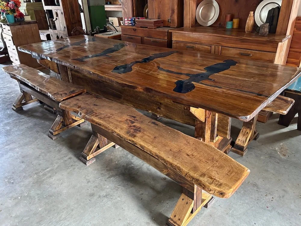 Table with 4 Benches and Blue Epoxy / 
$2250 / 
Made from Elm / 
102x38"